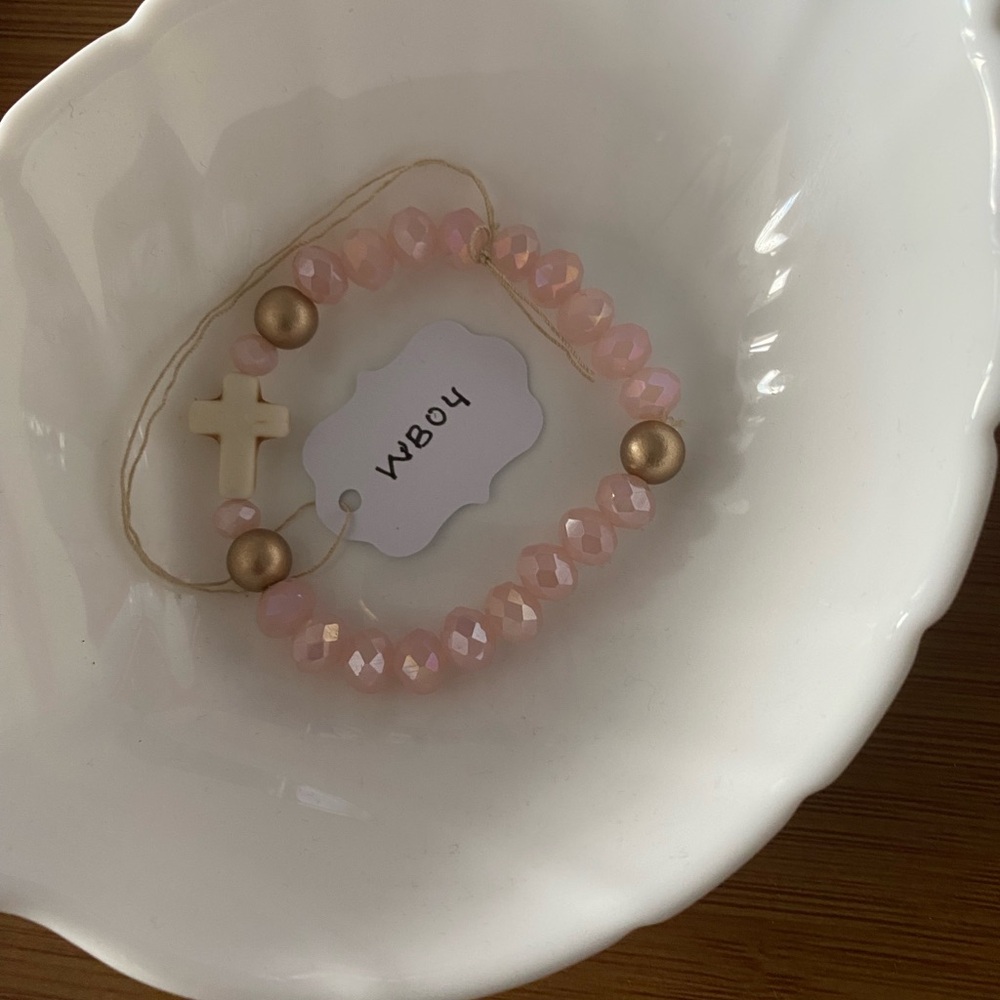 Pink Beaded Crystal Bracelet with white Stone Cross Charm